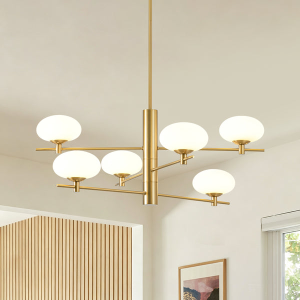 Mid-century 6-Light Frosted Oval Glass Tiered Branch Chandelier