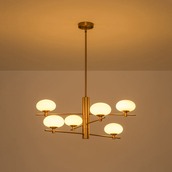 Mid-century 6-Light Frosted Oval Glass Tiered Branch Chandelier