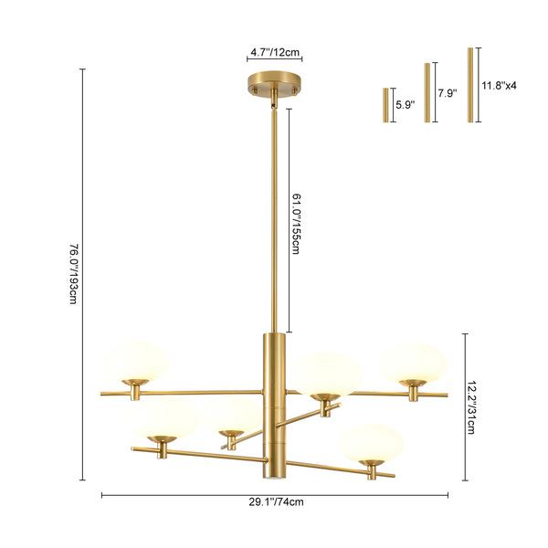 Mid-century 6-Light Frosted Oval Glass Tiered Branch Chandelier