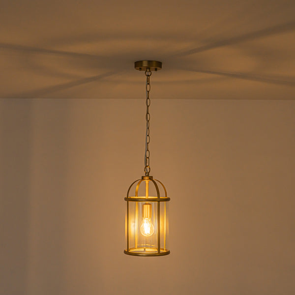 Brass Mini Lantern Clear Glass Cylinder Single Pendant