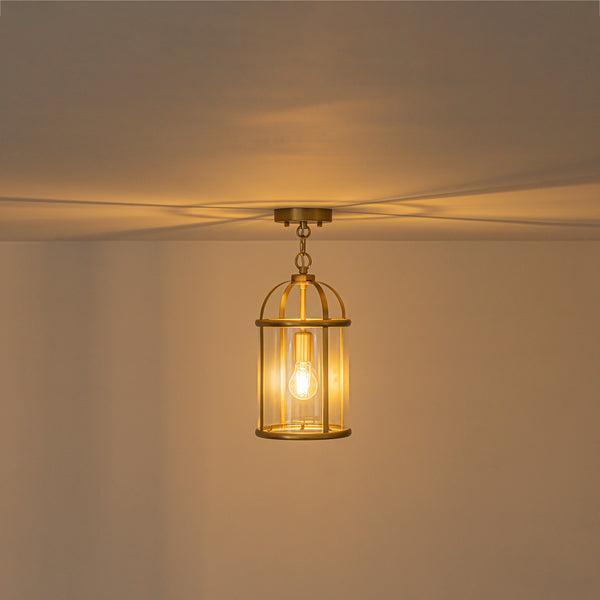 Brass Mini Lantern Clear Glass Cylinder Single Pendant