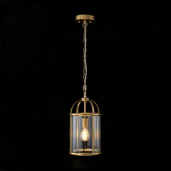 Brass Mini Lantern Clear Glass Cylinder Single Pendant
