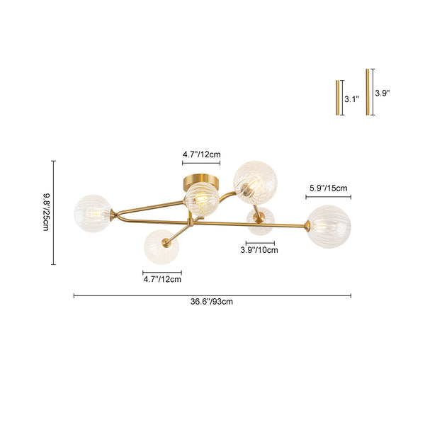 Sputnik Brass Fluted Glass Bubble Linear Semi-flush Mount