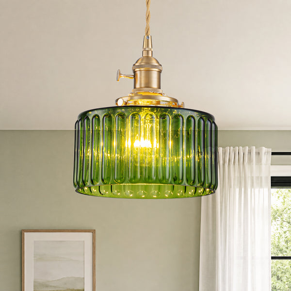 Modern 1-Light Fluted Drum Glass Single Island Pendant