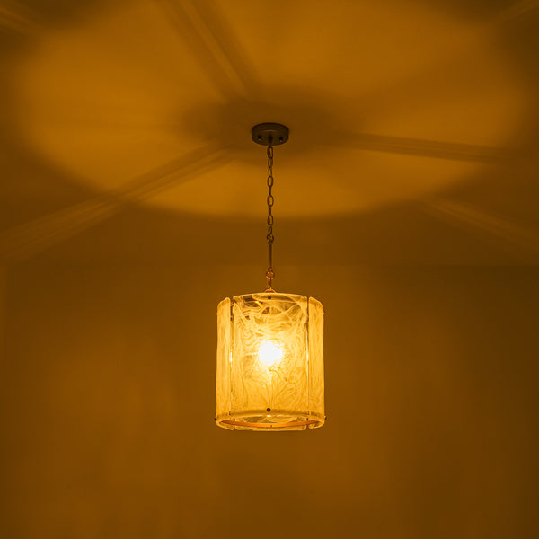 Modern 1-Light White Strie Glass Cylinder Single Pendant