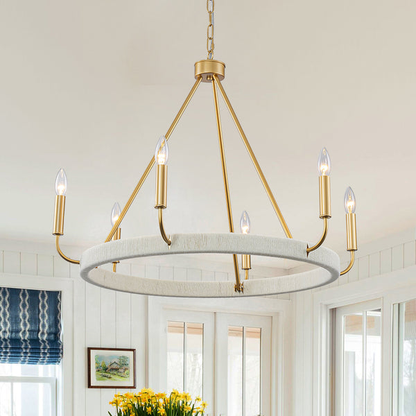 Modern Rustic 6-Light Candlestick Cotton thread Wagon Wheel Chandelier