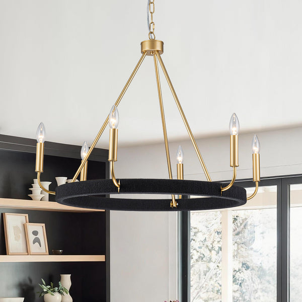 Modern Rustic 6-Light Candlestick Cotton thread Wagon Wheel Chandelier