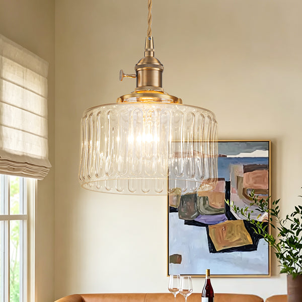 Modern 1-Light Fluted Drum Glass Single Island Pendant