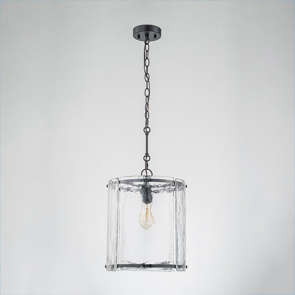 Modern 1-Light Water Rippled Glass Cylinder Single Pendant