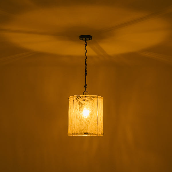 Modern 1-Light White Strie Glass Cylinder Single Pendant