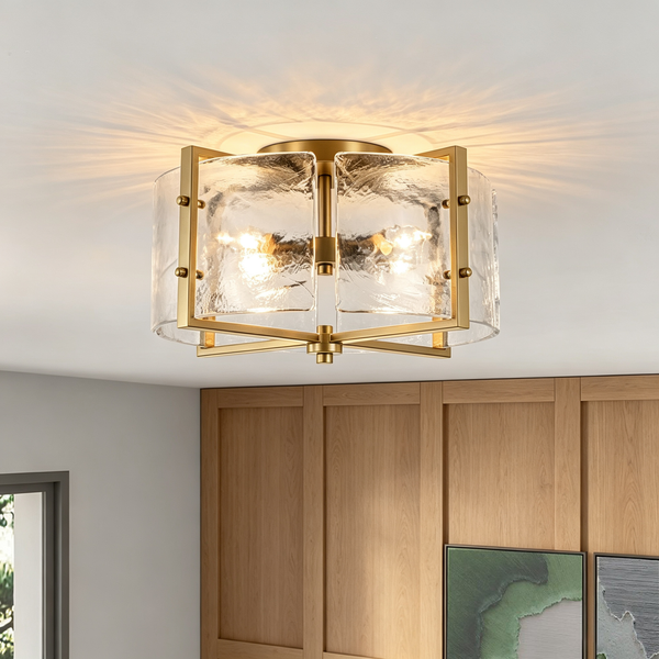 Modern 4-Light Rippled Glass Drum Semi-Flush Mount