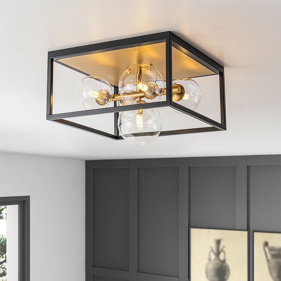 Modern 5 Light Clear Glass Square Frame Flush Mount Chandelierias