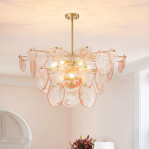 Modern 9-Light White Strie Glass Tiered Chandelier