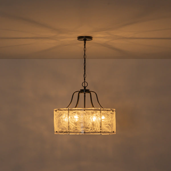 Modern 6-Light White Stire Patterned Glass Drum Pendant