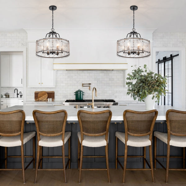 Modern 6-Light White Stire Patterned Glass Drum Pendant
