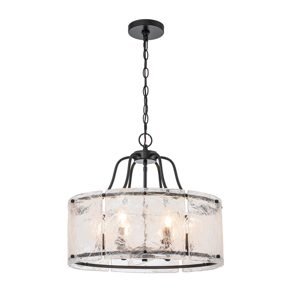 Modern 6-Light White Stire Patterned Glass Drum Pendant