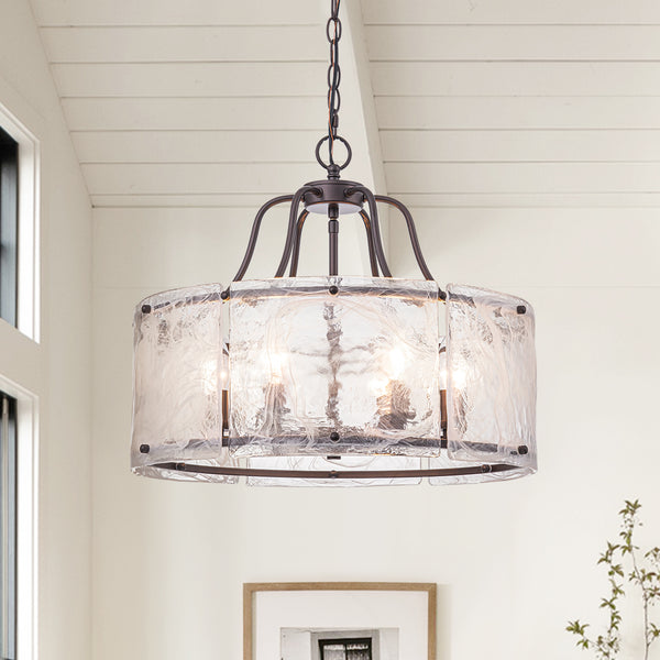 Modern 6-Light White Stire Patterned Glass Drum Pendant