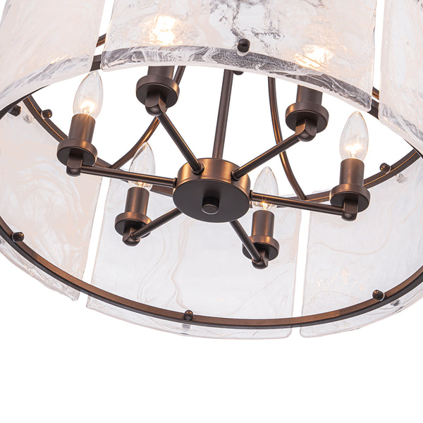 Modern 6-Light White Stire Patterned Glass Drum Pendant