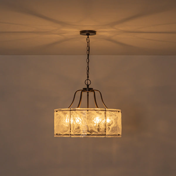 Modern 6-Light White Stire Patterned Glass Drum Pendant