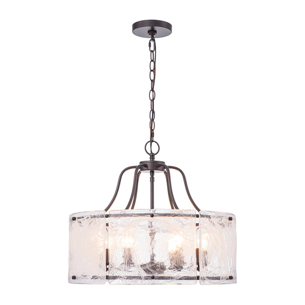 Modern 6-Light White Stire Patterned Glass Drum Pendant
