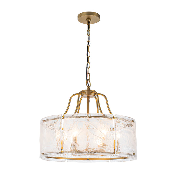 Modern 6-Light White Stire Patterned Glass Drum Pendant