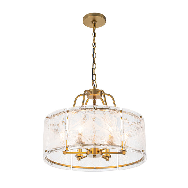 Modern 6-Light White Stire Patterned Glass Drum Pendant