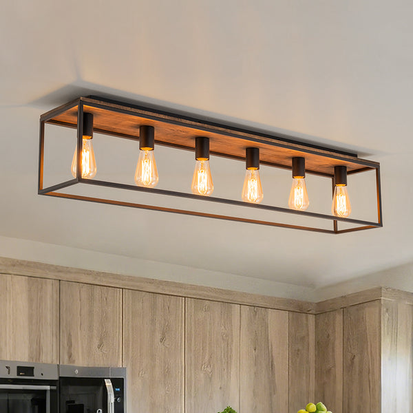 Modern Farmhouse Wood Rectangle Cage Semi-Flush Mount