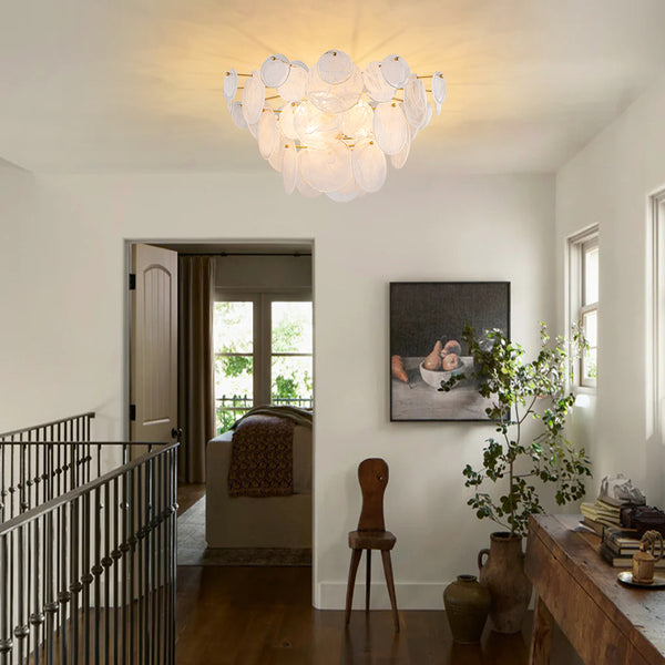 Modern White Strie Glass Tiered Semi-Flush Mount