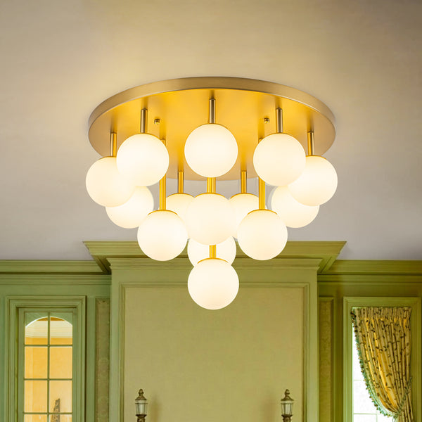 Multi-Globe Frosted Glass Cluster 14-Light Layered Semi-flush Mount