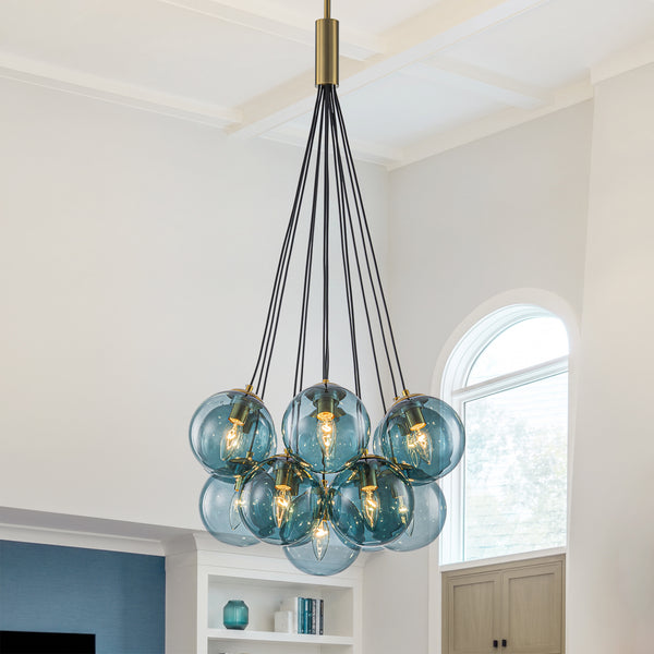Multi-globe 13-Light Smoky Teal Cluster Bubble Glass Pendant