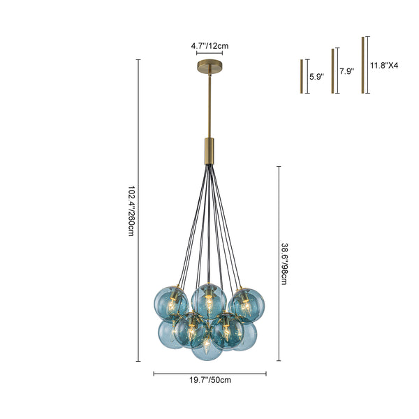 Multi-globe 13-Light Smoky Teal Cluster Bubble Glass Pendant