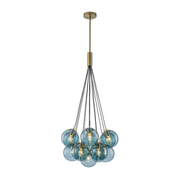 Multi-globe 13-Light Smoky Teal Cluster Bubble Glass Pendant