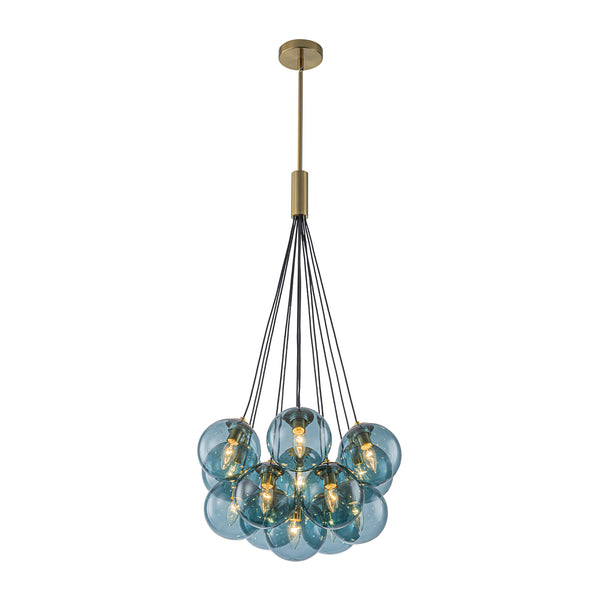 Multi-globe 13-Light Smoky Teal Cluster Bubble Glass Pendant