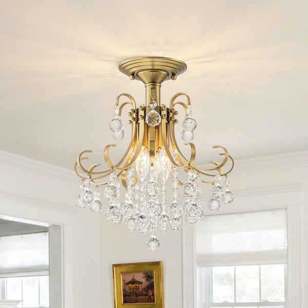 Ornate French 3-Light Sparkle Crystal Semi-flush Mount