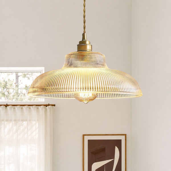 Retro 1-Light Dome Ribbed Glass Saucer Pendant