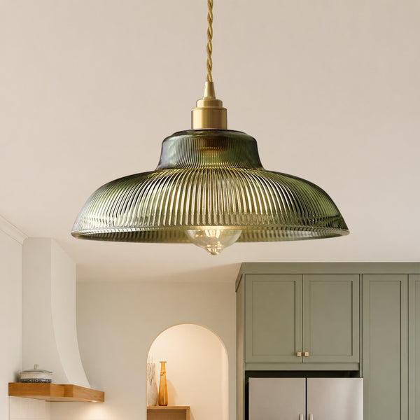 Retro 1-Light Dome Ribbed Glass Saucer Pendant
