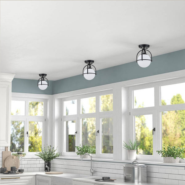 Single Opal Glass Globe Semi Flush Mount Ceiling Light