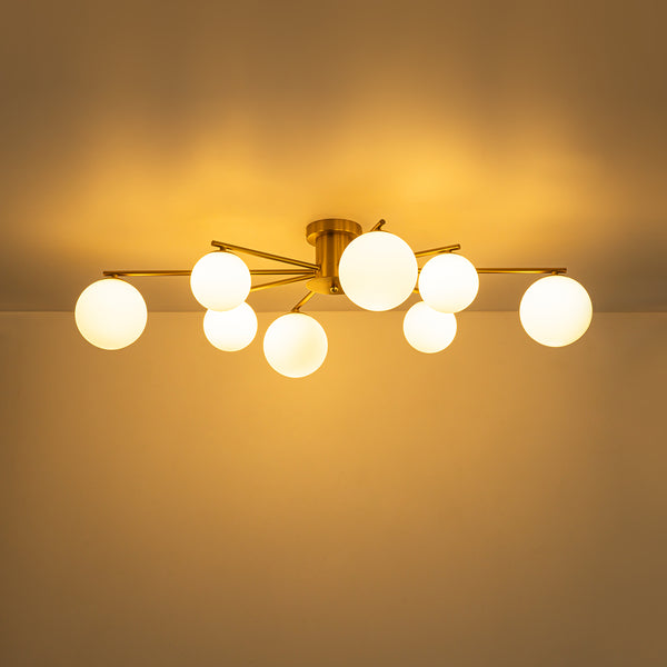 Sputnik Brass 8-Light Frosted Glass Sphere Semi-flush Mount