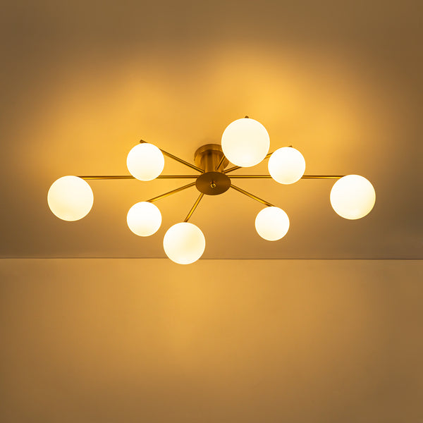Sputnik Brass 8-Light Frosted Glass Sphere Semi-flush Mount