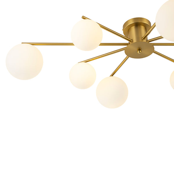 Sputnik Brass 8-Light Frosted Glass Sphere Semi-flush Mount