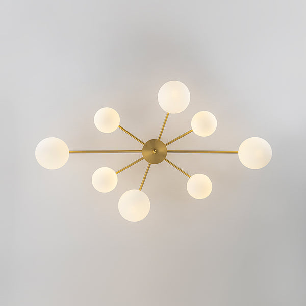 Sputnik Brass 8-Light Frosted Glass Sphere Semi-flush Mount