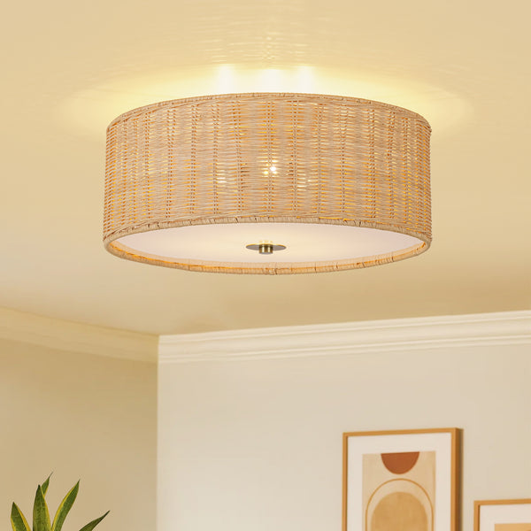 Tropical Hand-woven 3-Light Rattan Drum Semi-flush Mount