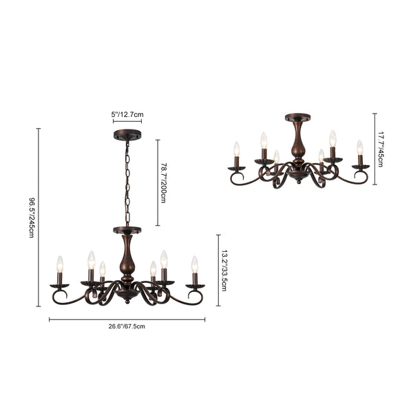 French Country 6-Light Rubbed Bronze Candle-style Semi-flush Chandelier
