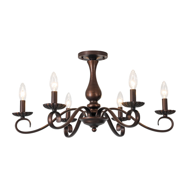 French Country 6-Light Rubbed Bronze Candle-style Semi-flush Chandelier