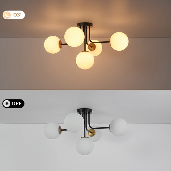 Unique 5-Light Milk Glass Sputnik Semi-Flush Mount