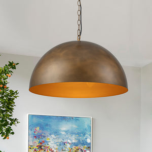 Vintage Patinated Brass 1-Light Oversized Metal Dome Pendant