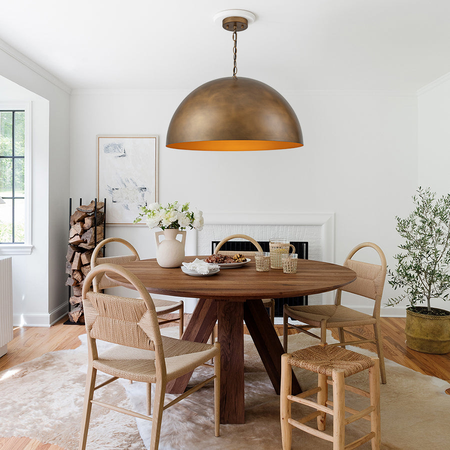 Vintage Patinated Brass 1-Light Oversized Metal Dome Pendant