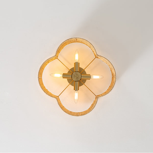4-Lobed Scalloped Drum Rattan Semi-flush Mount