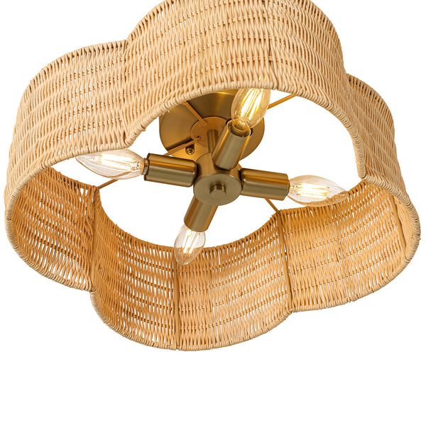 4-Lobed Scalloped Drum Rattan Semi-flush Mount