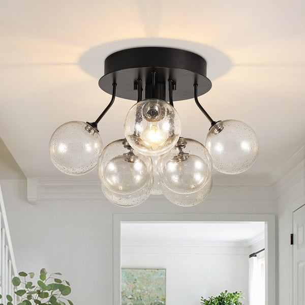 Chandelierias - 1 - Light Contemporary Cluster Seedy Glass Semi - flush Mount - Semi Flush - Black - 